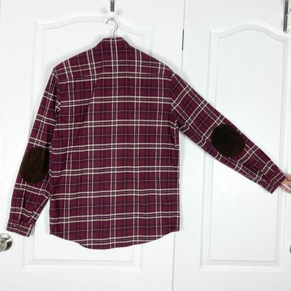 NWOT SLATE & STONE Shirt Men XXL Plaid Flannel Burgundy Elbow Patch Cotton - Picture 3 of 10